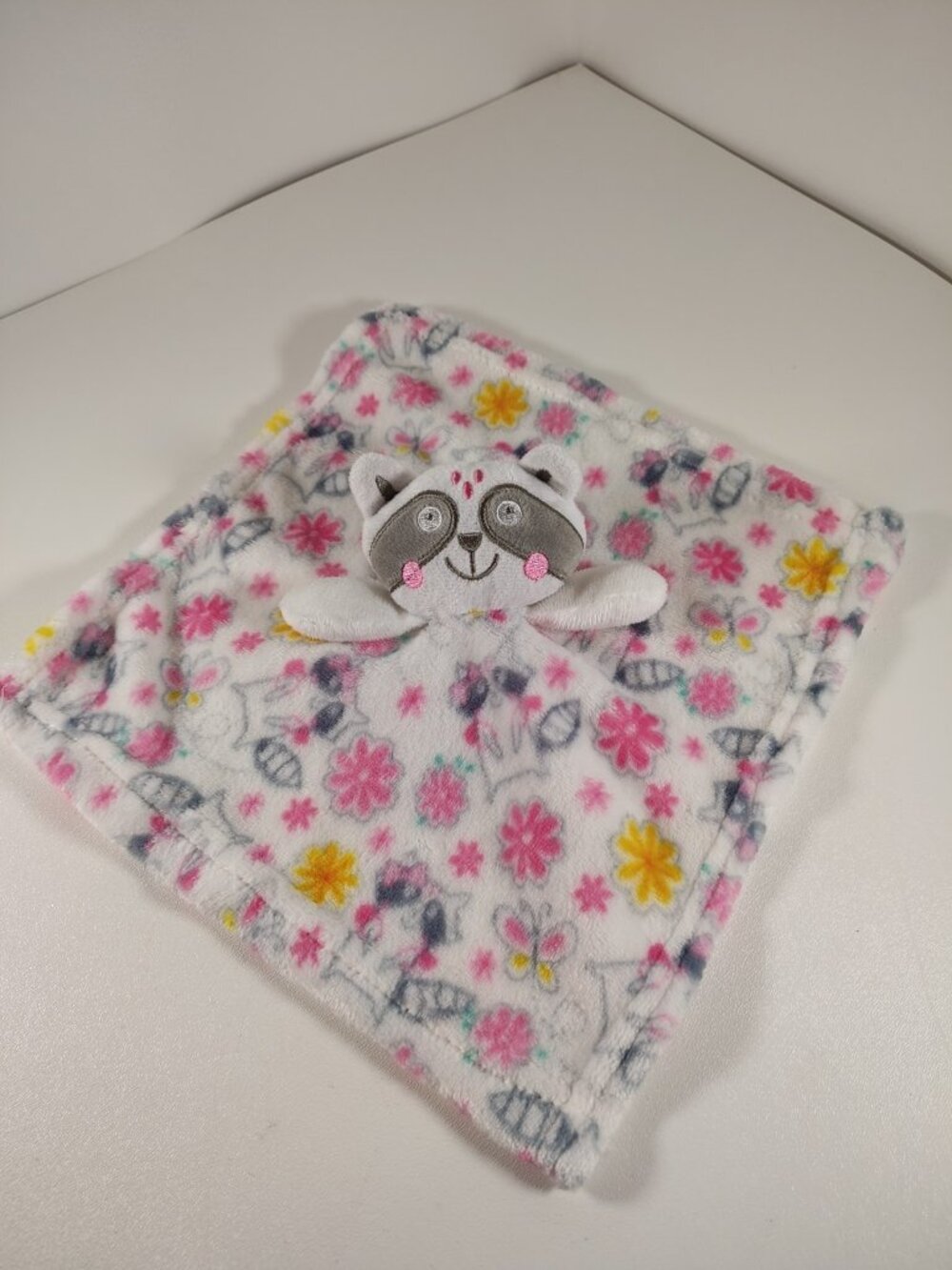 Le Bebe Favorite Raccoon Lovey 12" Plush Stuffed Animal blanket pink floral